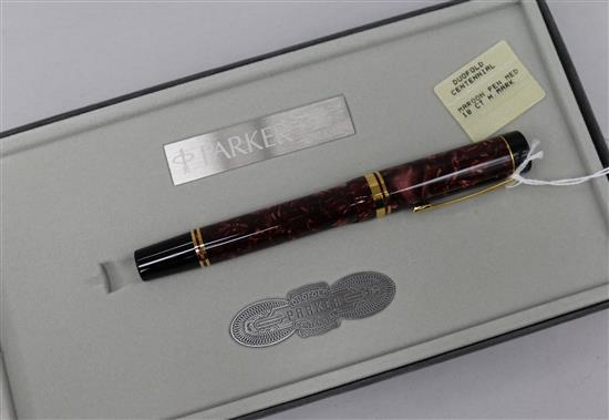 A Parker Duofold Centennial fountain pen, maroon finish, mint in original box (1)